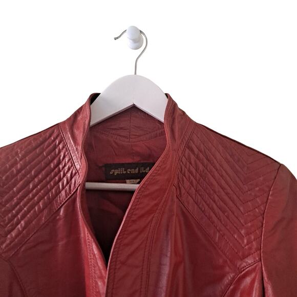 Split End Limited Red Leather High Neck Long Sleeve Jacket with Belt  - Size 11 - Picture 5 of 8